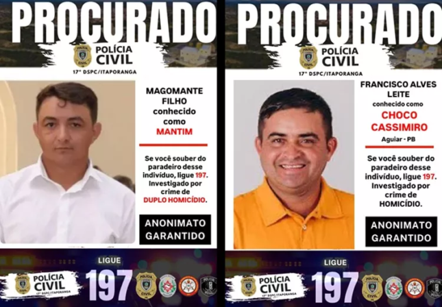 Polícia Civil divulga fotos de dois foragidos acusados de homicídios em Aguiar-PB, vereador é um dos procurados
