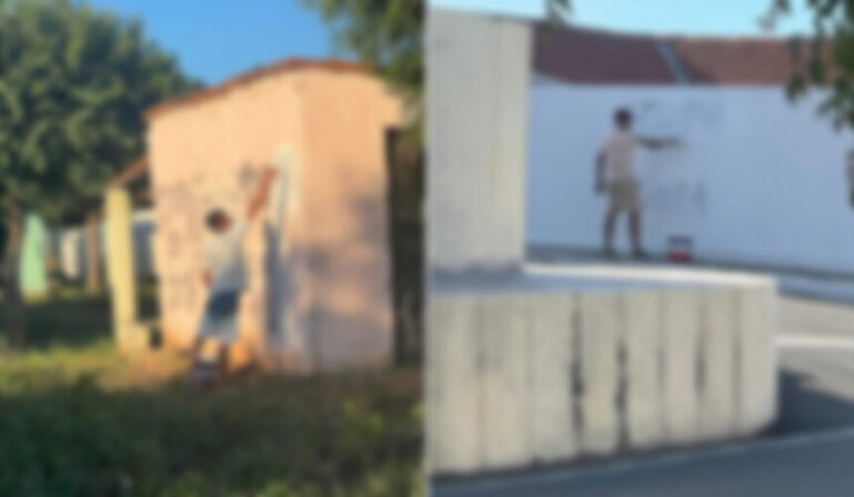 Suspeitos de integrar facções apagam pichações com tinta após ação da polícia em Boa Ventura