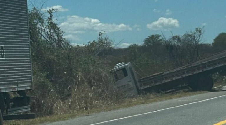 Caminhão despenca para o acostamento após pneu estourar na BR-230, em Patos; motorista sai ileso