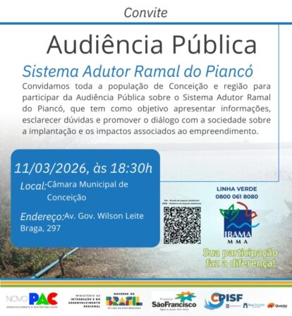 Ibama irá realizar Audiência Pública para falar sobre Sistema Adutor Ramal do Piancó, em Conceição