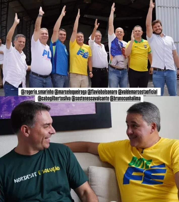Flávio Bolsonaro faz dança do ‘foguete’ com Efraim em desembarque em João Pessoa para evento do PL: “bote fé”