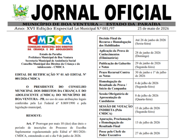 CMDCA de Boa Ventura publica retificação e prorroga inscrições para Processo de Escolha Suplementar do Conselho Tutelar